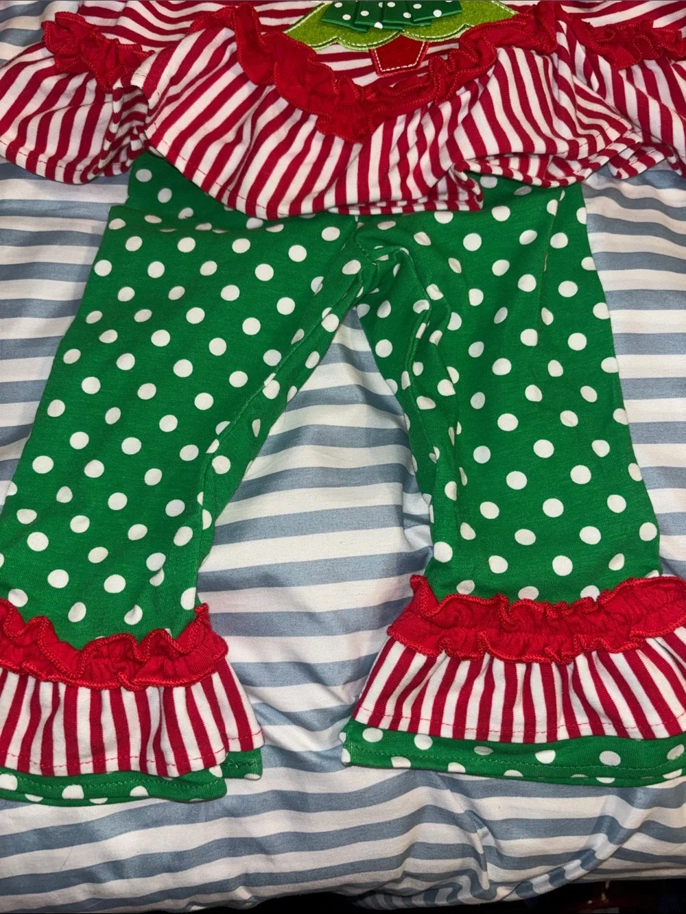 Rare Editions Red & Green Polka Dot Christmas Tree Ruffle Outfit